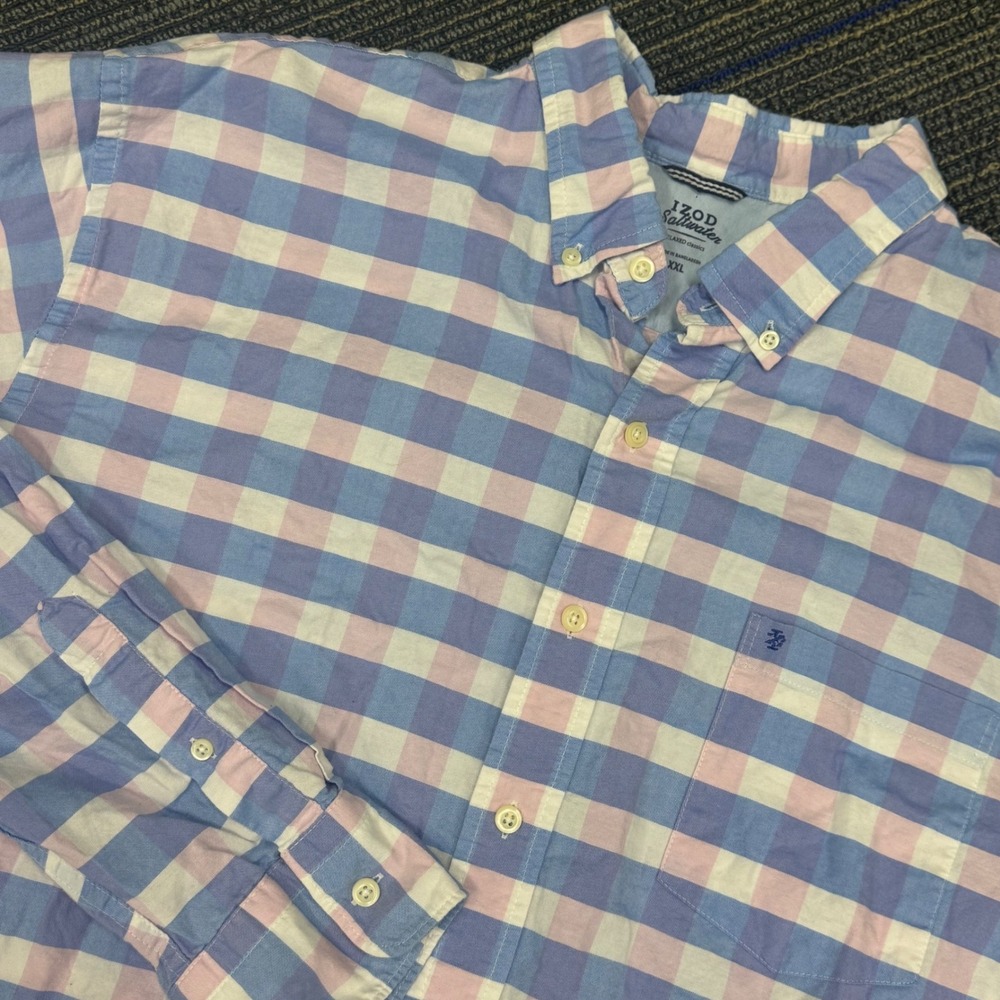 IZOD Saltwater Relax Classics Men XXL Blue Pink White Gingham Button‎ Down Shirt